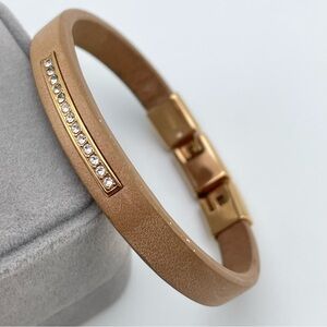 Fossil Tan Leather Bangle Bracelet with White Crystal Rhinestone Bar